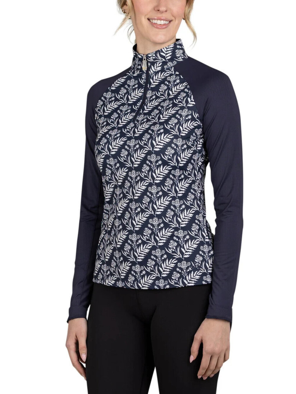 NEW Kastel Denmark Long Sleeve Navy Botanical Raglan 1/4 Zip Top Mesh Trim LARGE